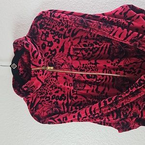 Style & Co | Women's Zip Closure Velour Floral Cranberry Red/Black Jacket 1X